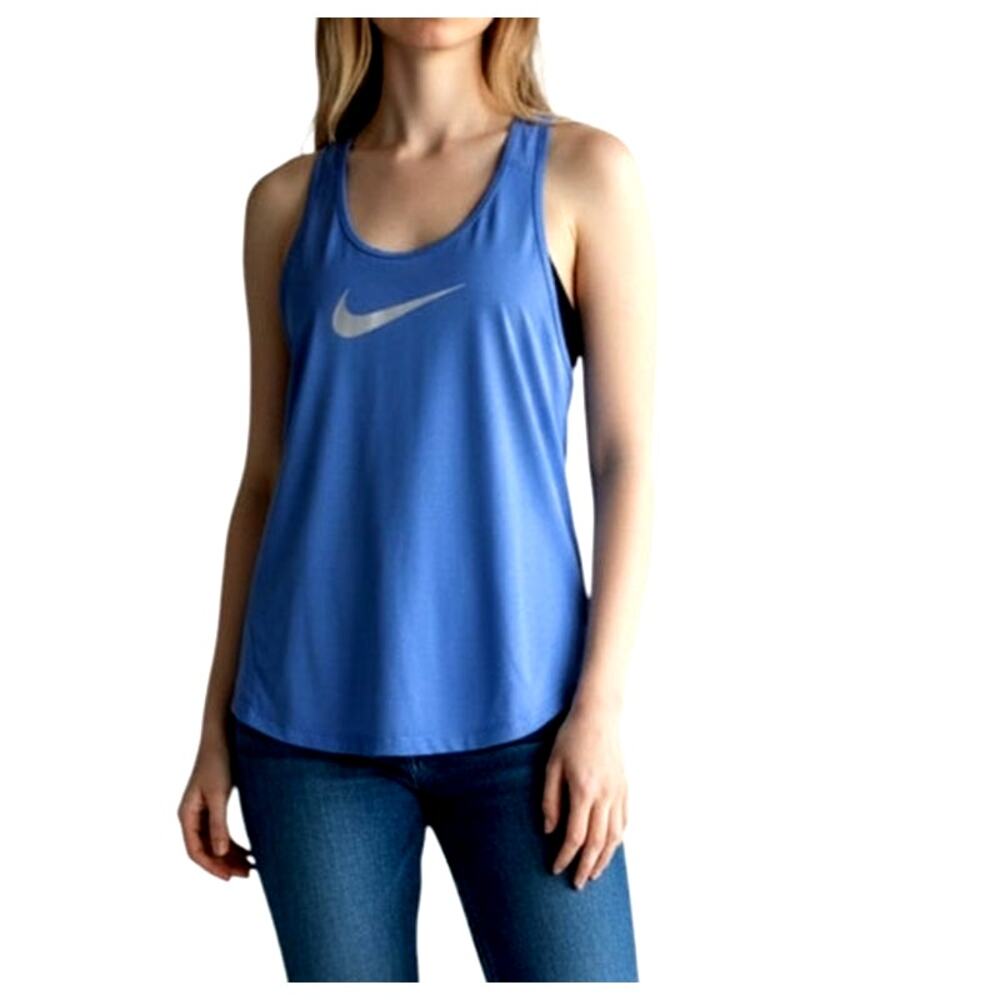 Nike Pro Women's Medium Solid Blue White Logo Scoop Neck  Racerback Tank Top